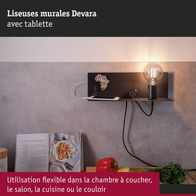 Liseuse murale noire Devara avec tablette, ampoule et support smartphone pour usage polyvalent