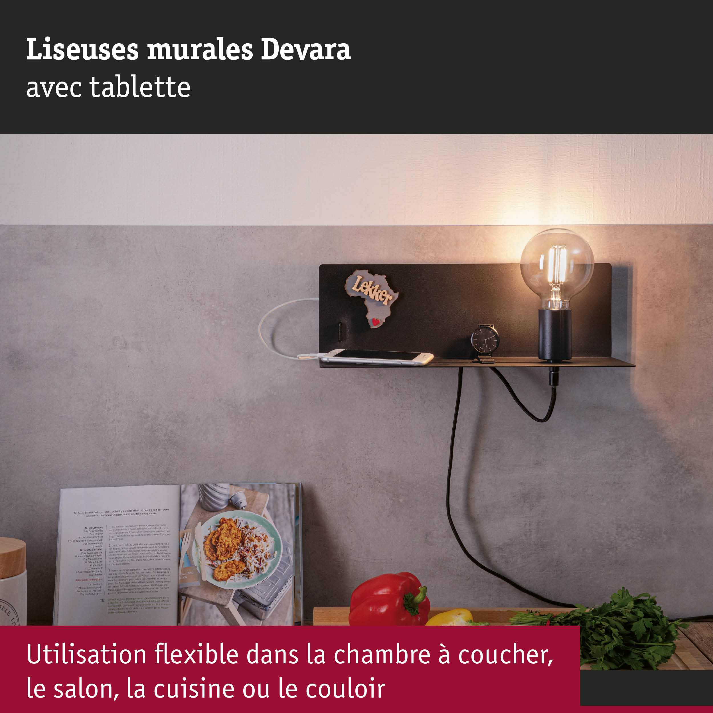 Liseuse murale noire Devara avec tablette et ampoule, éclairage flexible pour chambre ou cuisine