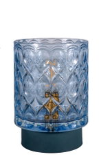 Blue glass with diamond pattern and gold LED lamp on black base, decorative table light for interiors
