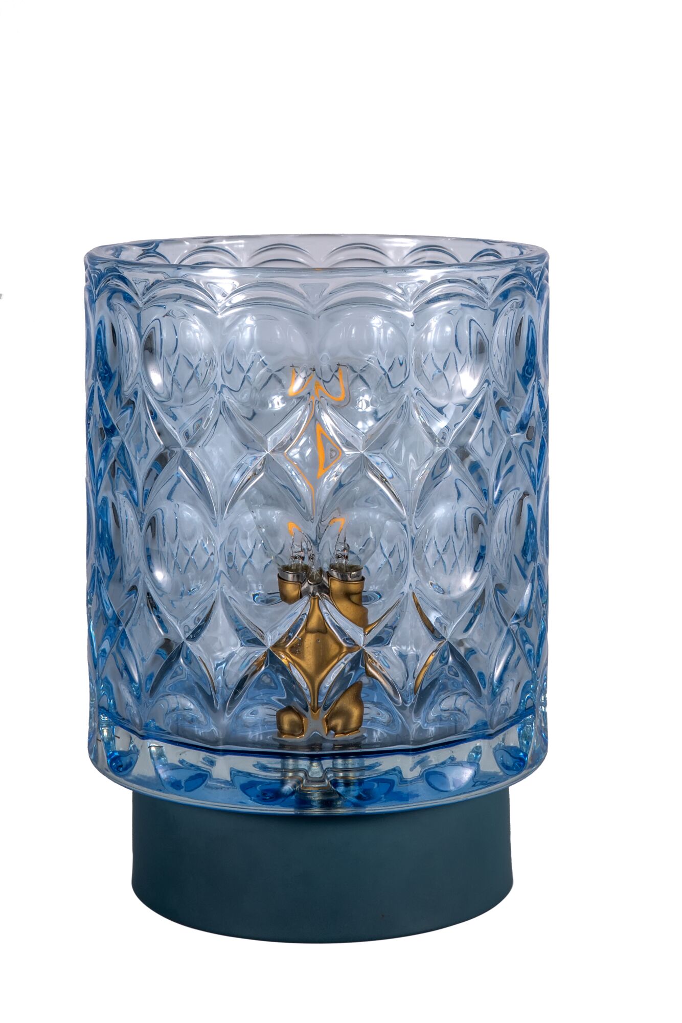 Blauw glas met diamantpatroon en gouden LED-lamp op zwarte voet, decoratieve tafellamp
