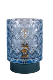 Blue glass with diamond pattern and gold LED lamp on black base, decorative table light for interiors