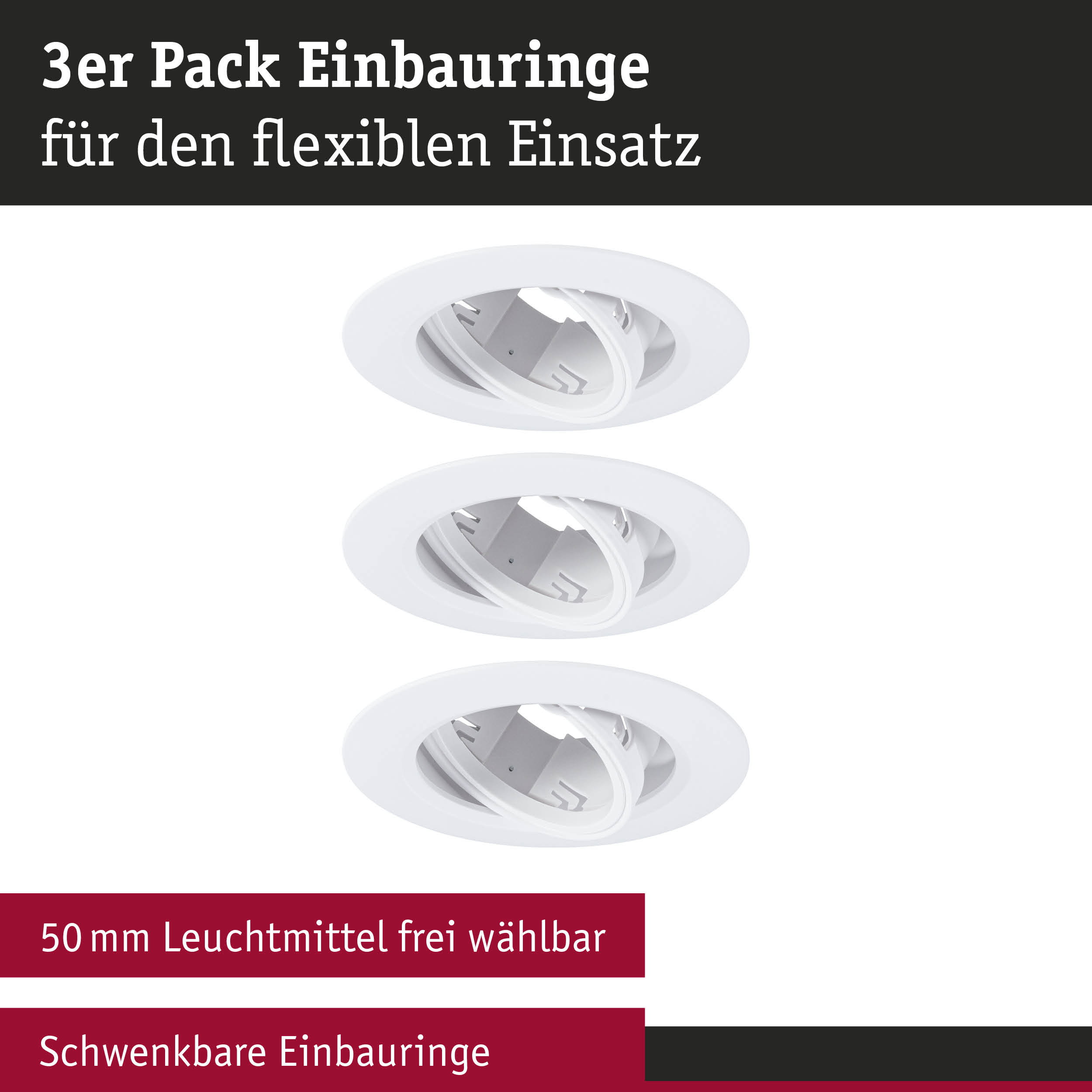 Drei weiße schwenkbare Einbauringe für flexible Beleuchtung mit 50 mm Leuchtmittelöffnung