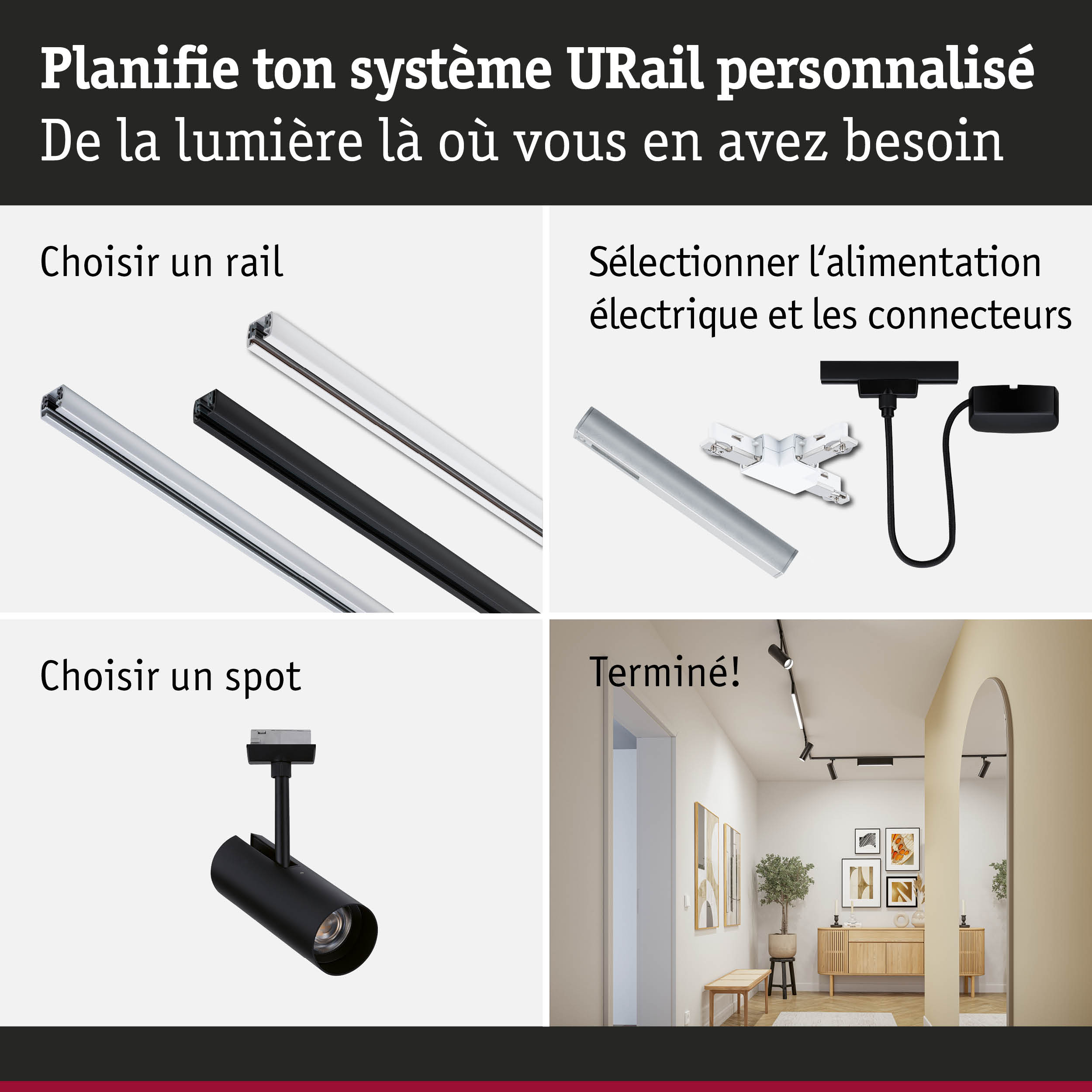 Système de rail URail noir et blanc avec alimentation et spot pour éclairage LED flexible