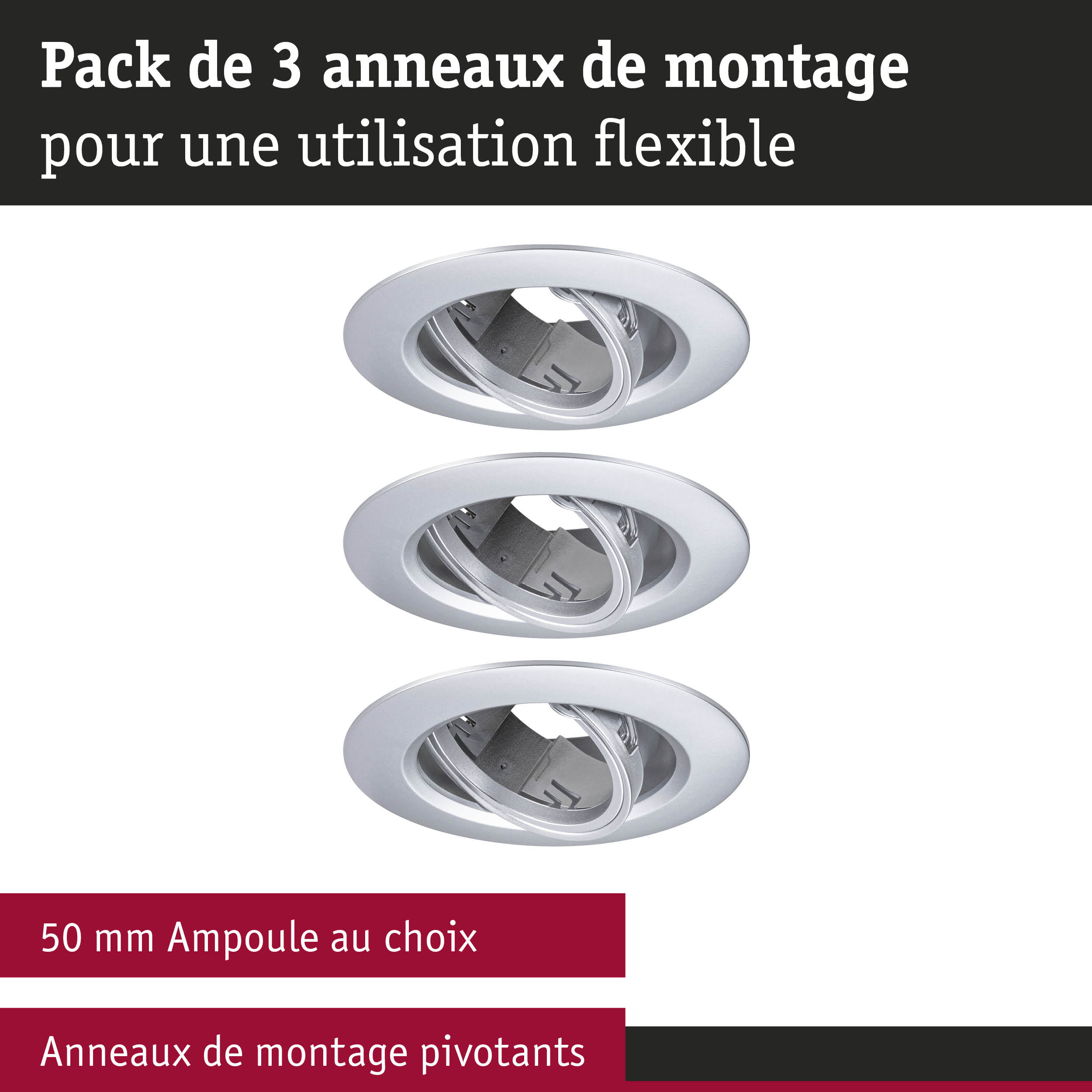 Pack de 3 anneaux de montage pivotants blancs en métal pour ampoules 50 mm avec fixation flexible