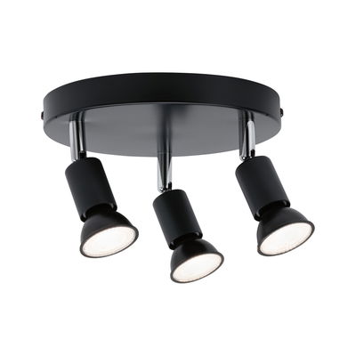 Runde Deckenleuchte mit drei schwarzen LED-Strahlern aus Metall für moderne Raumbeleuchtung
