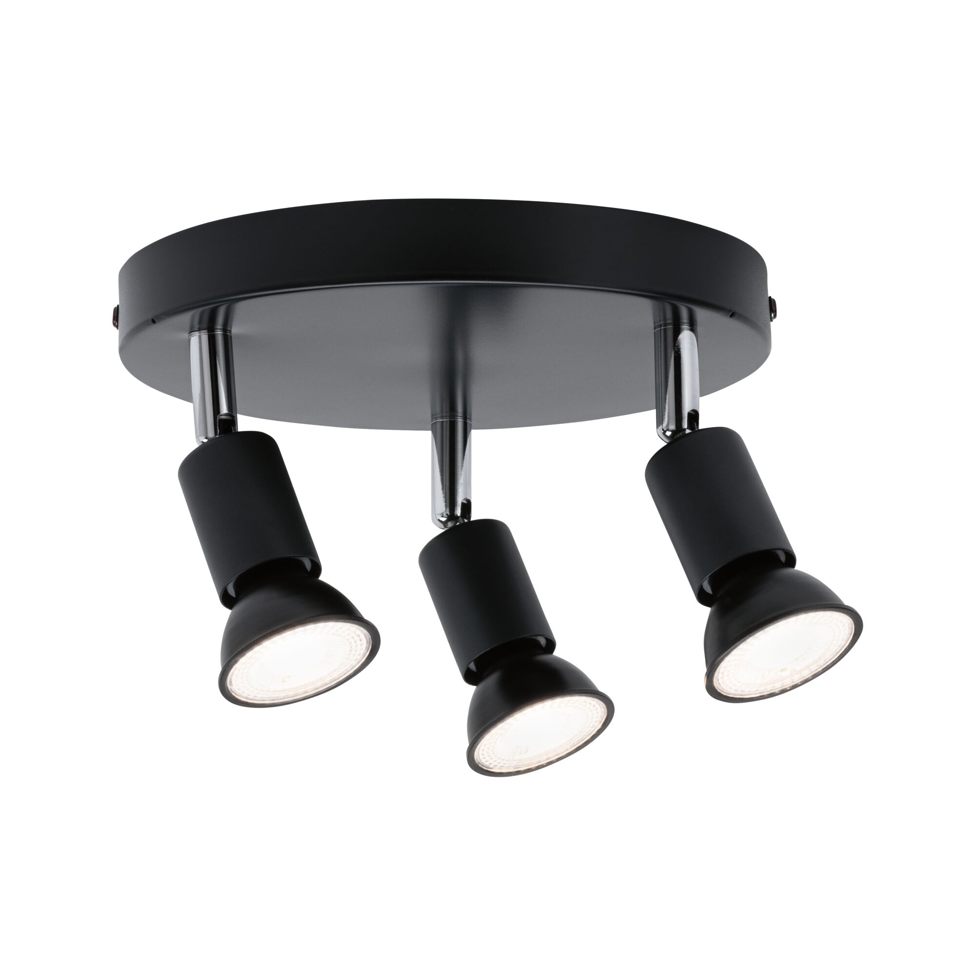 Round ceiling light with three black metal LED spotlights for modern room lighting