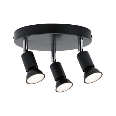 Rund loftlampe med tre sorte LED-spotlights i metal til moderne belysning