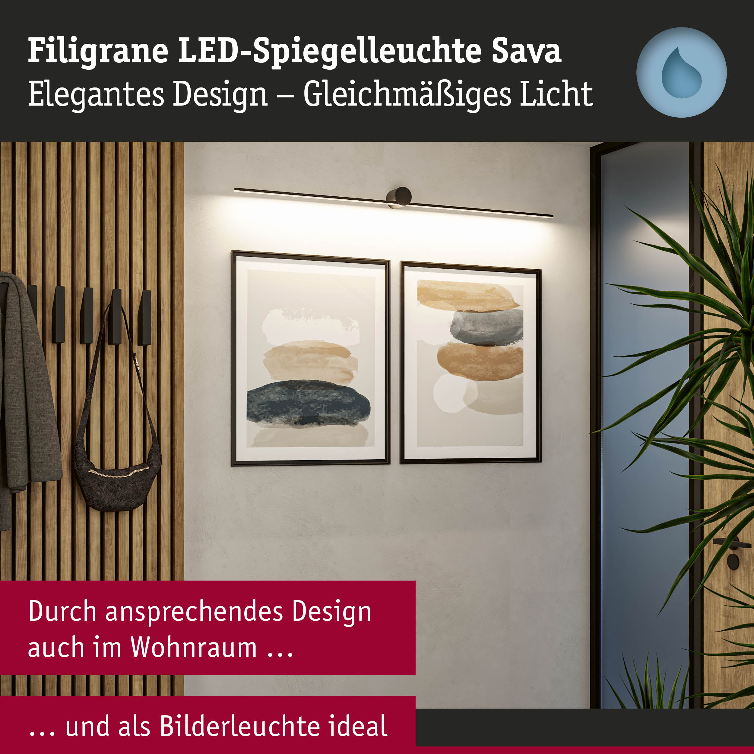 Filigrane LED-Spiegelleuchte Sava in Schwarz mit gleichmäßigem Licht für Wohnraum und Bilderbeleuchtung