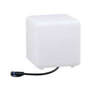 White square LED light cube made of plastic with black cable for outdoor lighting use