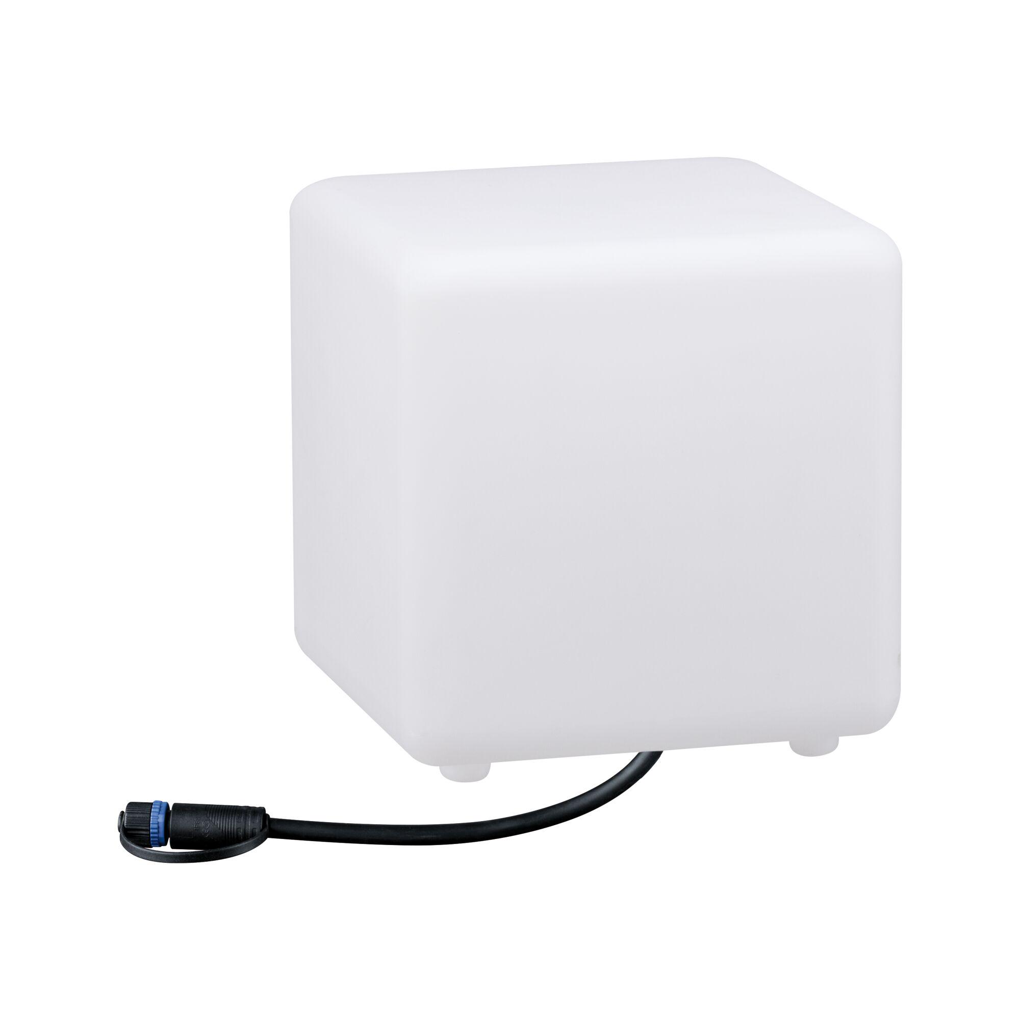 White square LED light cube made of plastic with black cable for outdoor lighting use