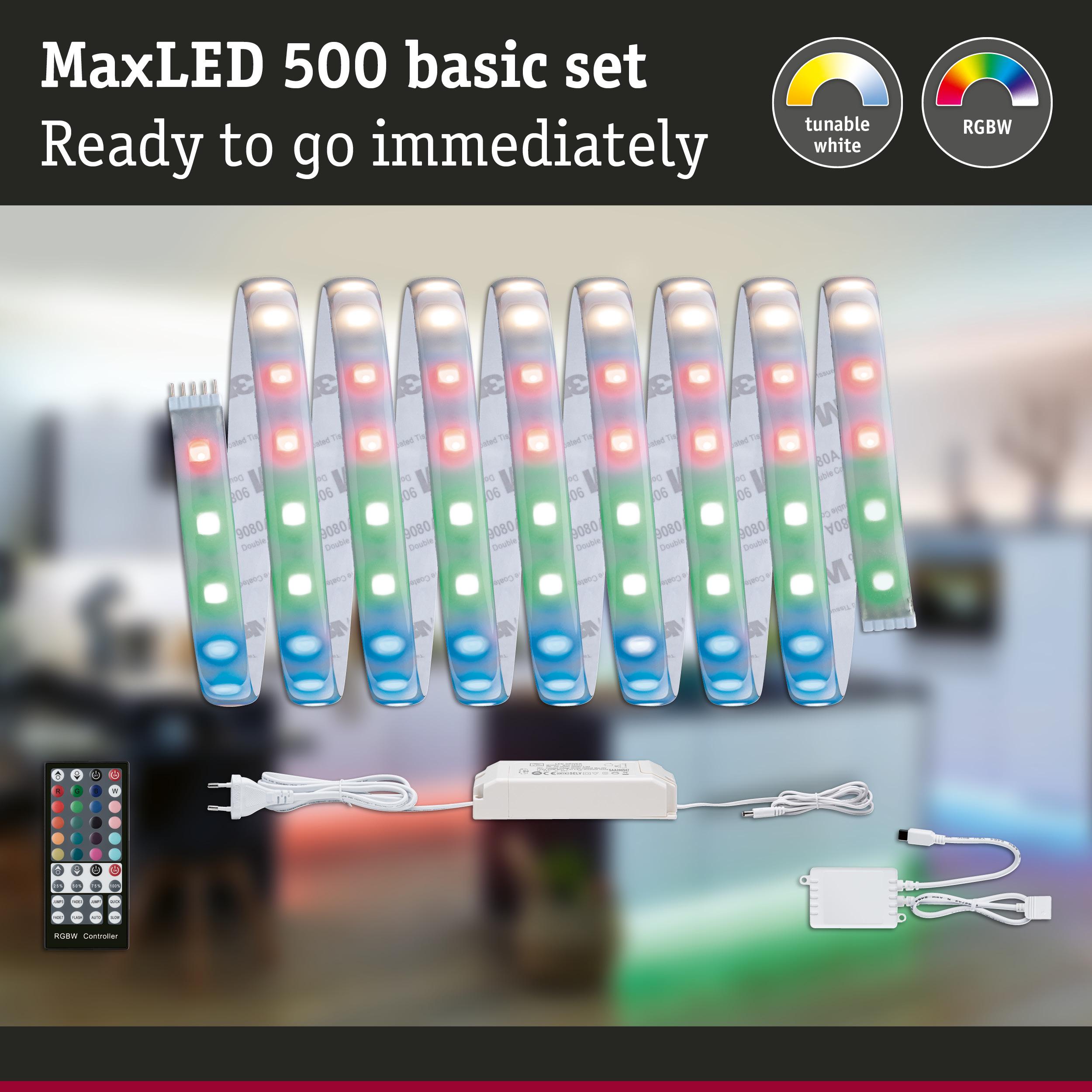 MaxLED 500 RGBW LED strip set with remote and power supply for colorful ambient lighting