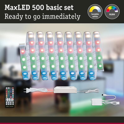 MaxLED 500 RGBW LED strip set with remote and power supply for colorful ambient lighting
