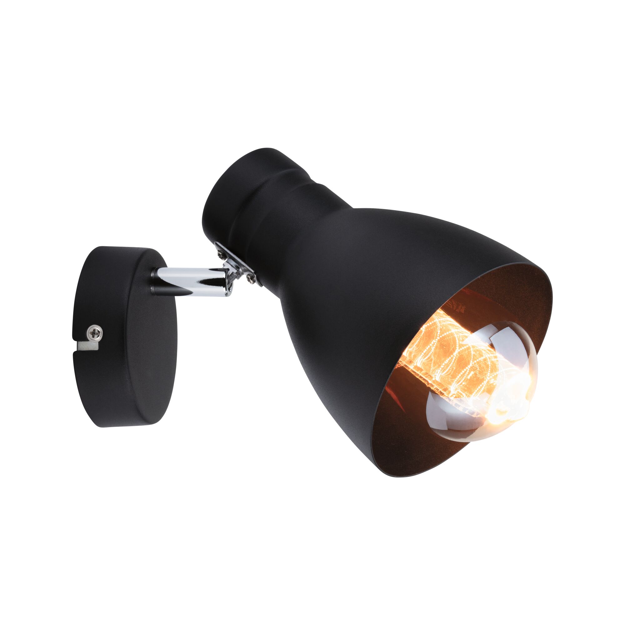 Schwarze Metall-Wandleuchte mit verstellbarem Schirm und sichtbarer LED-Glühbirne für moderne Innenbeleuchtung