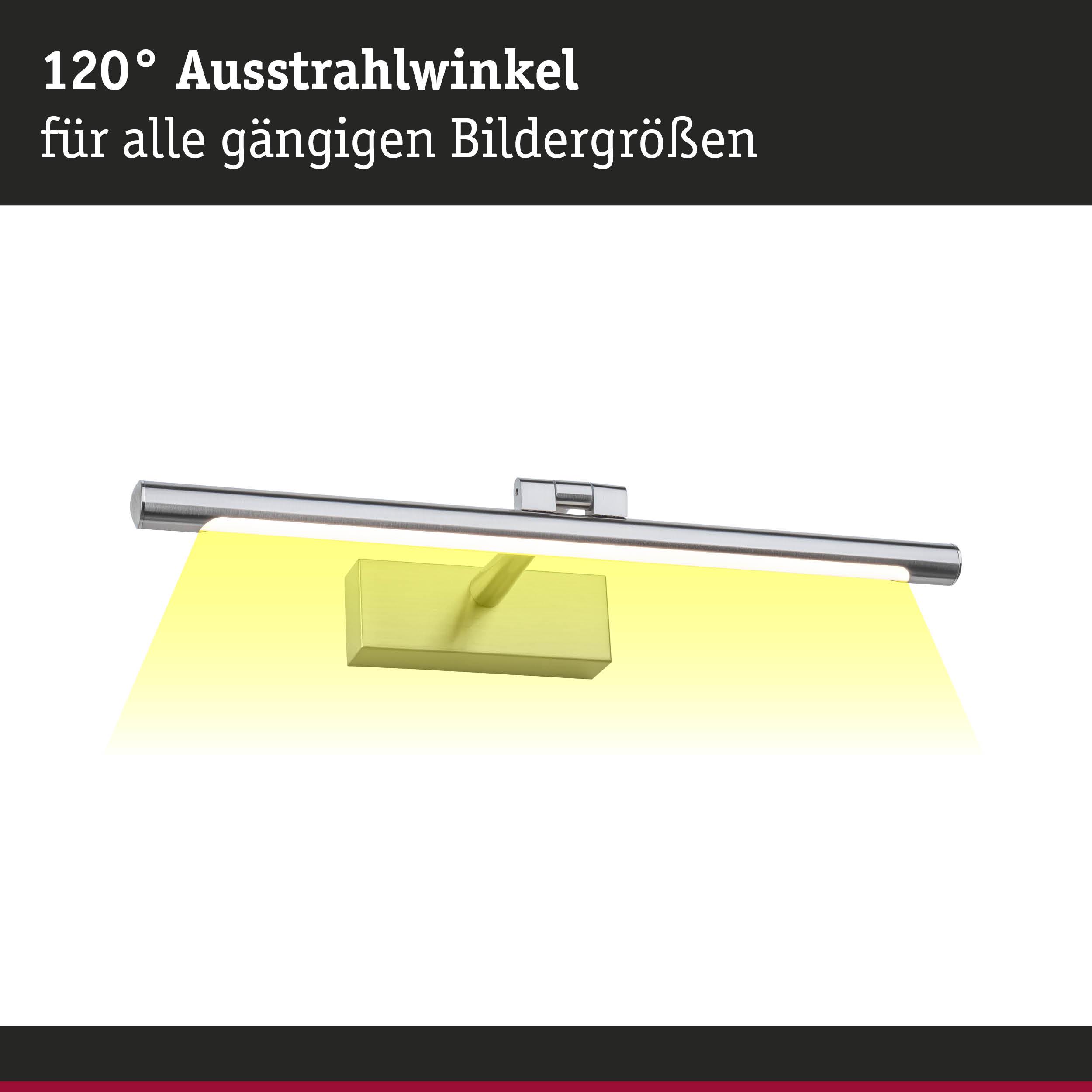 Moderne LED-Bilderleuchte aus gebürstetem Metall mit 120° Ausstrahlwinkel für Wandbilder.