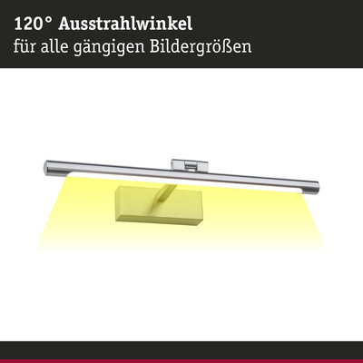 Moderne LED-Bilderleuchte aus gebürstetem Metall mit 120° Ausstrahlwinkel für Wandbilder.