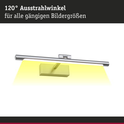 Moderne LED-Bilderleuchte aus gebürstetem Metall mit 120° Ausstrahlwinkel für Wandbilder.