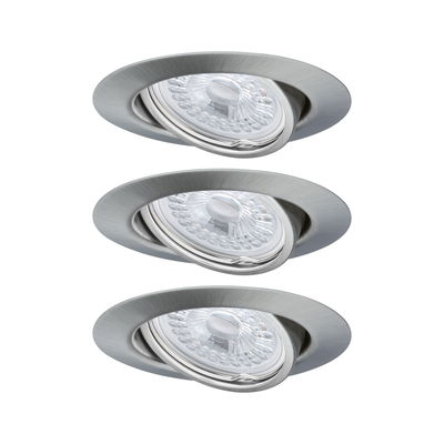 Trois spots encastrés ronds en aluminium brossé argenté pour éclairage LED moderne.
