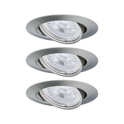 Three round recessed spotlights in brushed silver aluminum for modern LED lighting solutions.