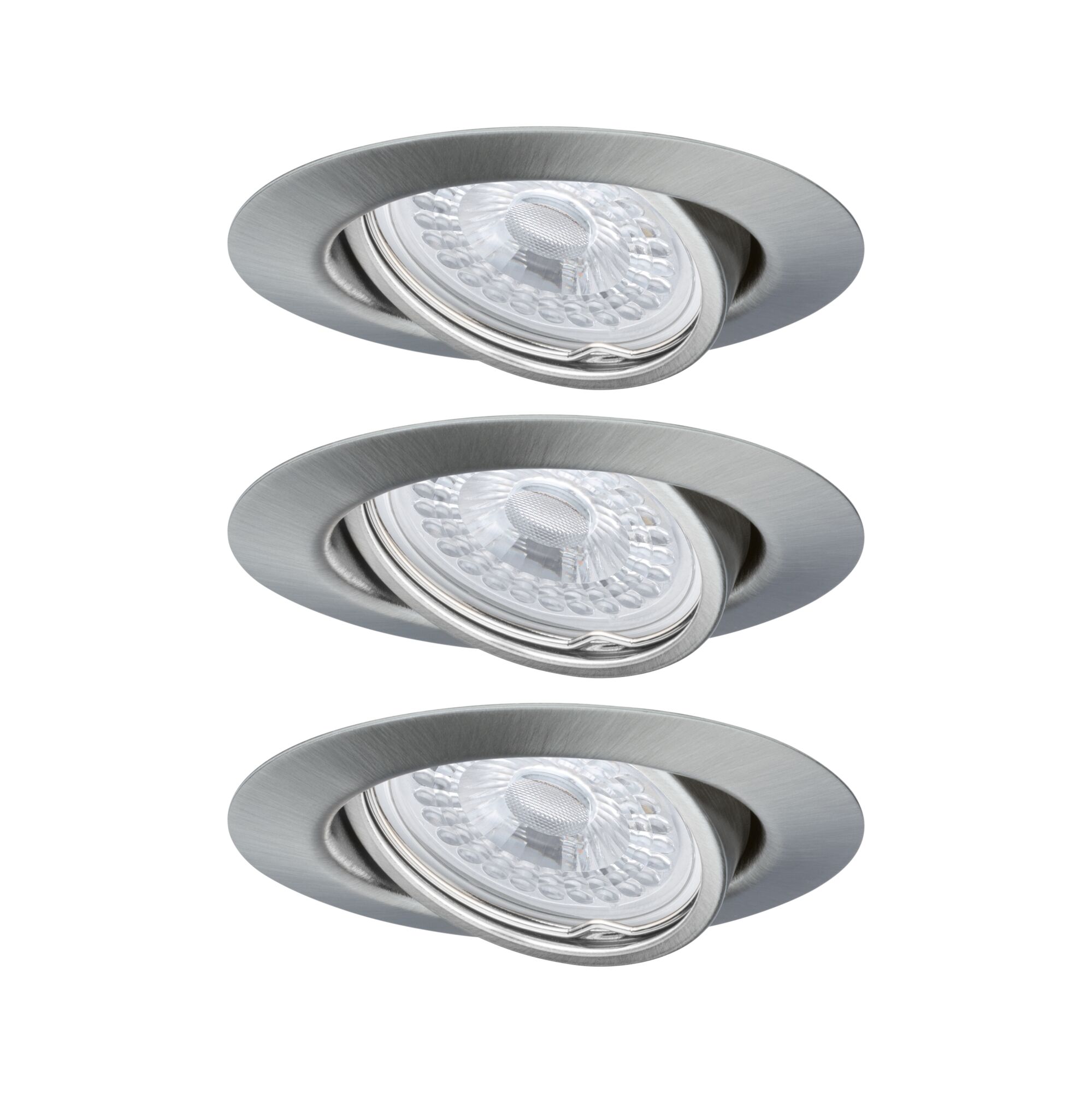 Drie ronde inbouwspots van geborsteld zilverkleurig aluminium voor moderne LED-verlichting.