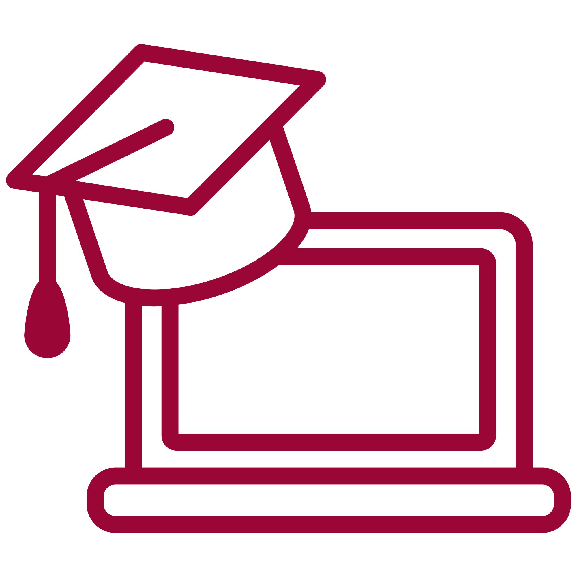 Rotes Icon mit Laptop und akademischem Hut symbolisiert Online-Ausbildung und digitales Lernen