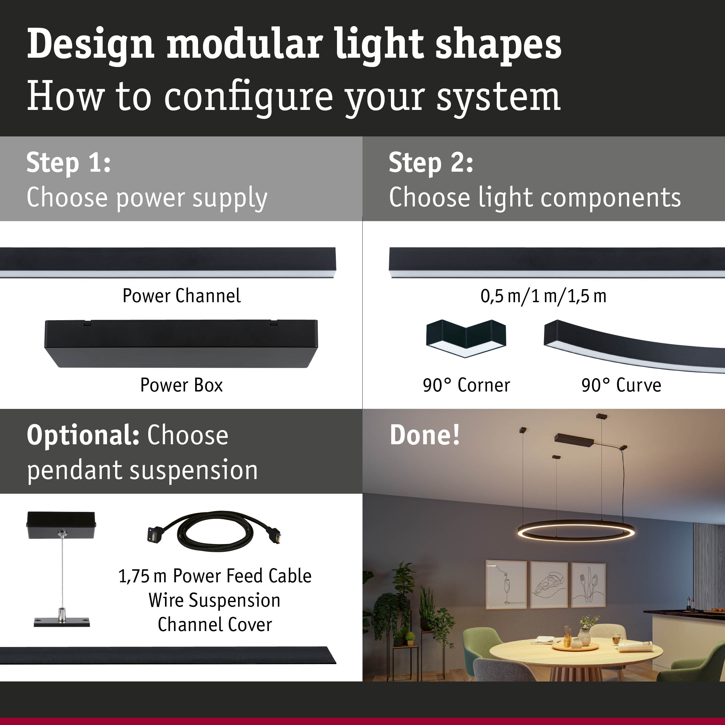 Modular LED lighting system with black power channel and various light components for custom room illumination