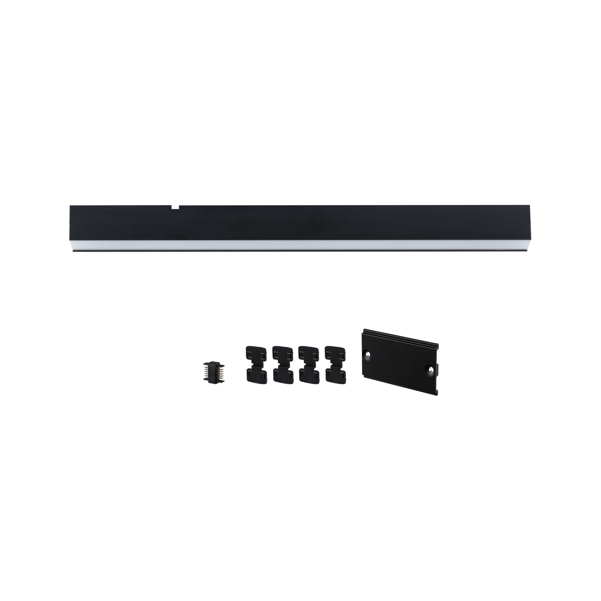 Schwarze LED-Aluminiumleiste mit Diffusor und Montagezubehör für moderne Lichtinstallationen
