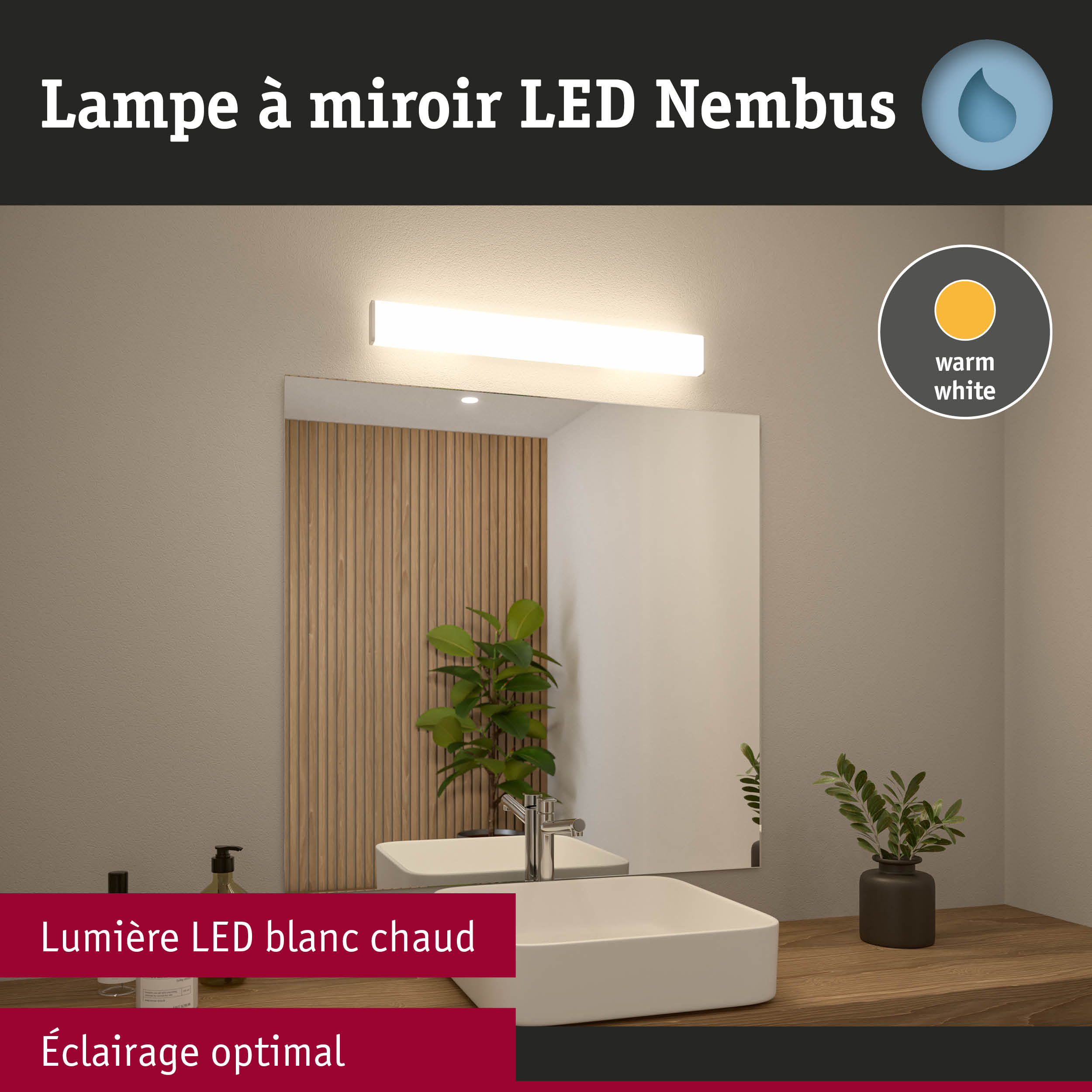 Lampe LED miroir Nimbus en blanc chaud pour un éclairage optimal de salle de bain