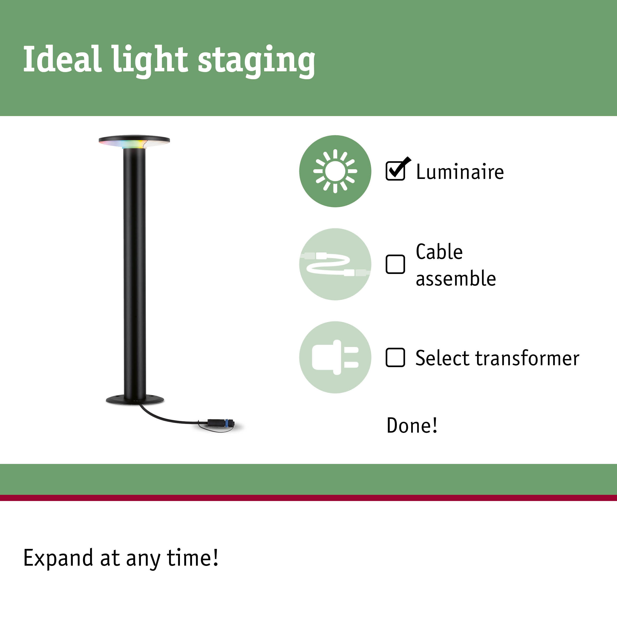 Black LED floor lamp with flat round head and cable connection for modern indoor lighting