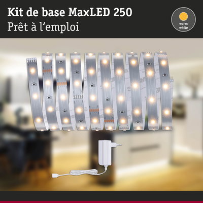 Bande LED MaxLED 250 blanc chaud avec adaptateur, matériau aluminium flexible pour éclairage intérieur