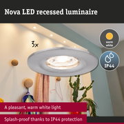 Nova LED recessed luminaire in silver metal with warm white light and IP44 splash-proof protection