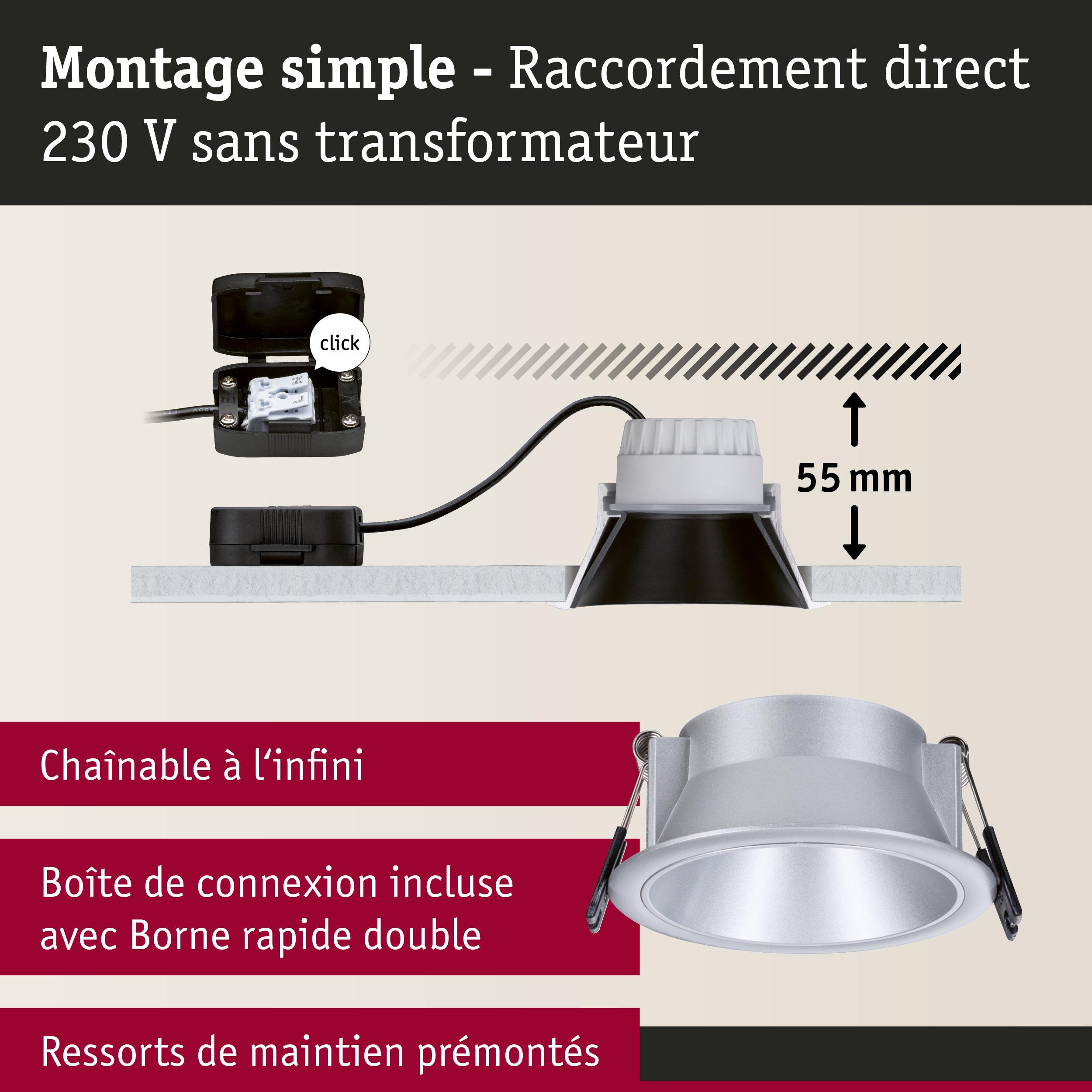 Spot encastrable LED argenté avec 55 mm de profondeur et raccordement direct 230 V sans transformateur