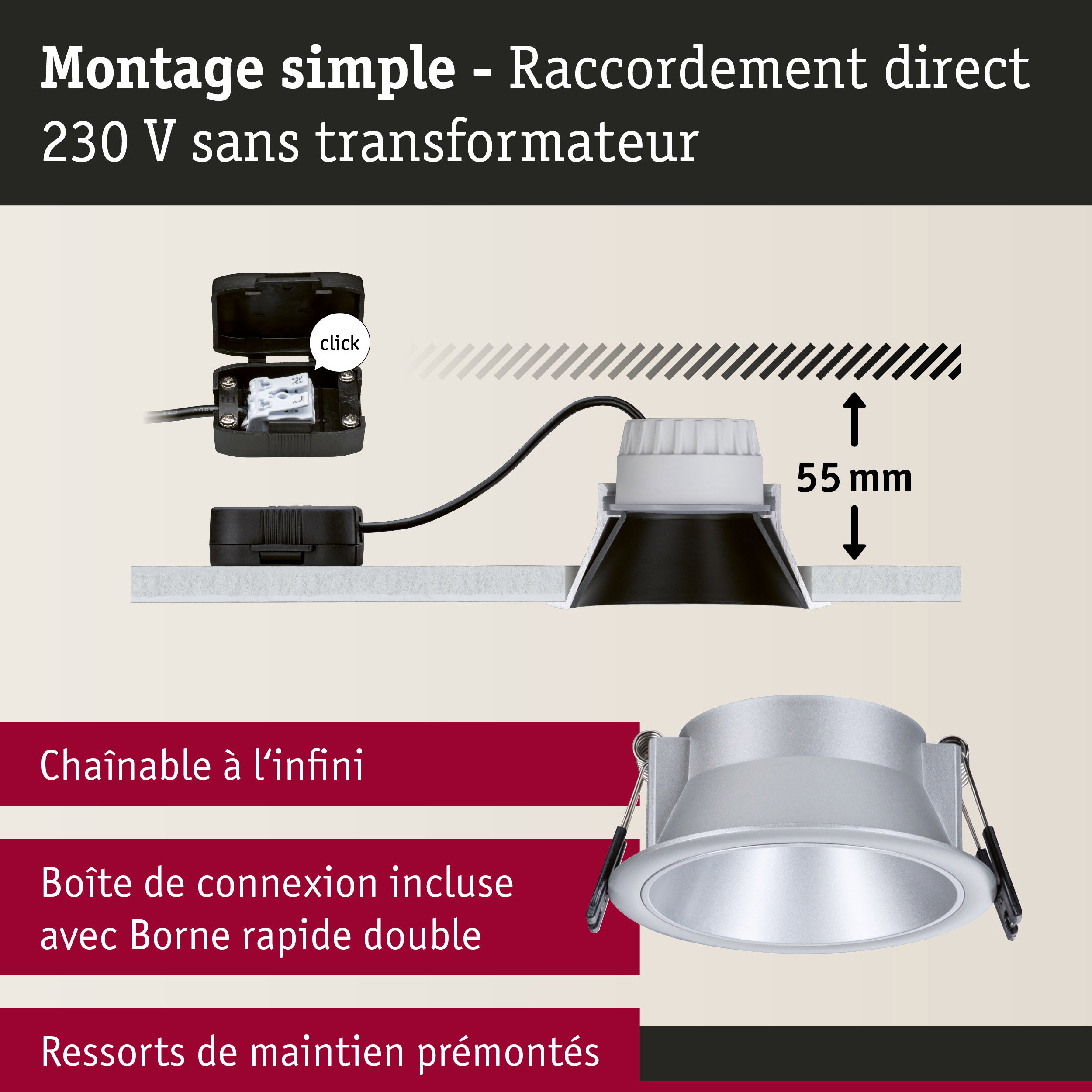 Spot encastré en aluminium argenté de 55 mm de profondeur avec raccordement direct 230 V sans transformateur
