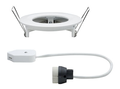 Witte kunststof inbouwring met veerclips en kabeladapter voor LED-inbouwspots
