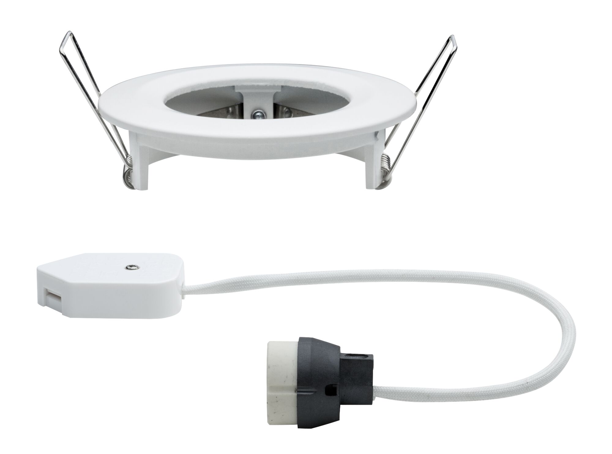 Weißer Einbaurahmen aus Kunststoff mit Federklammern und Kabeladapter für LED-Einbaustrahler