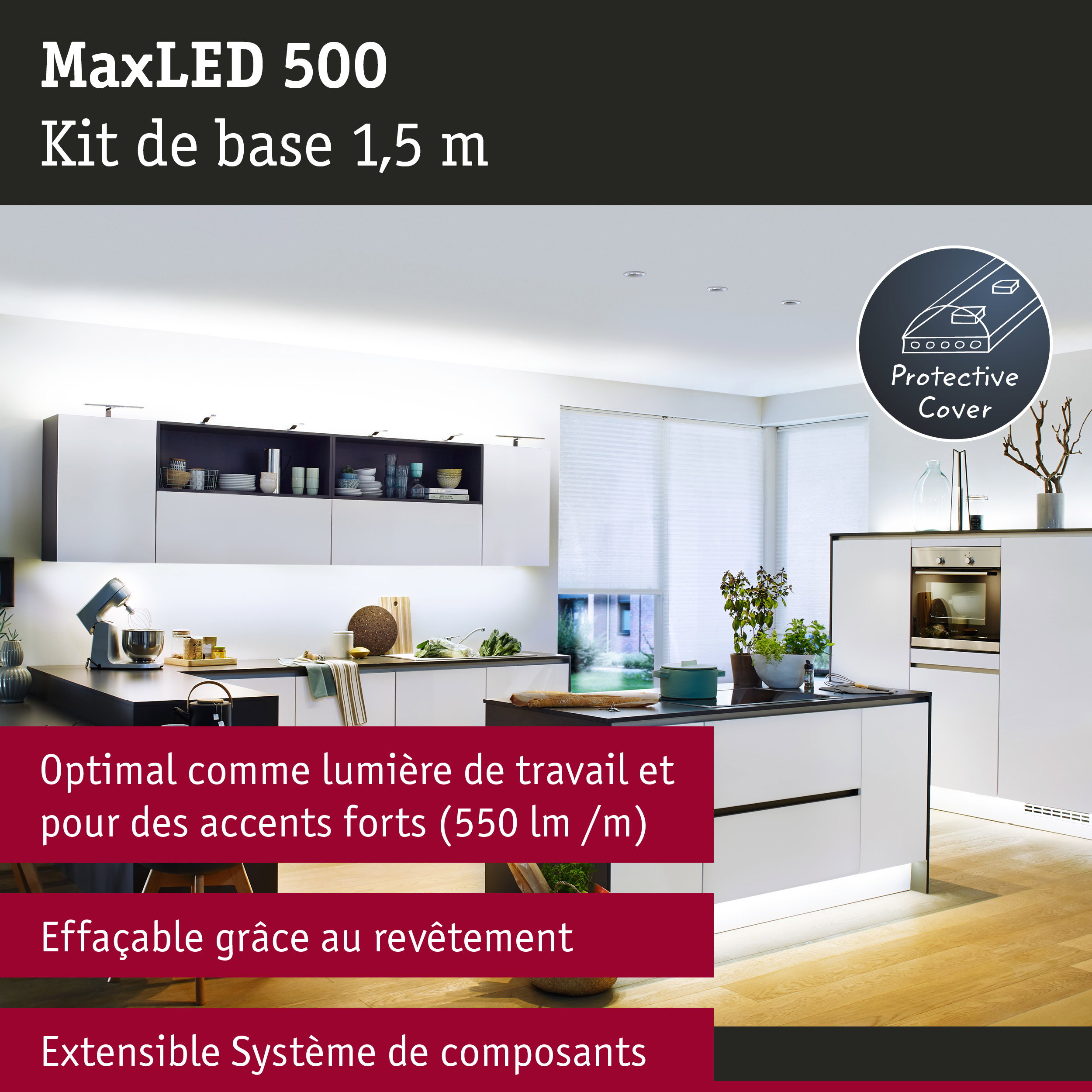 Cuisine blanche moderne avec système d'éclairage LED MaxLED 500 de 1,5 m, lumière de travail économique