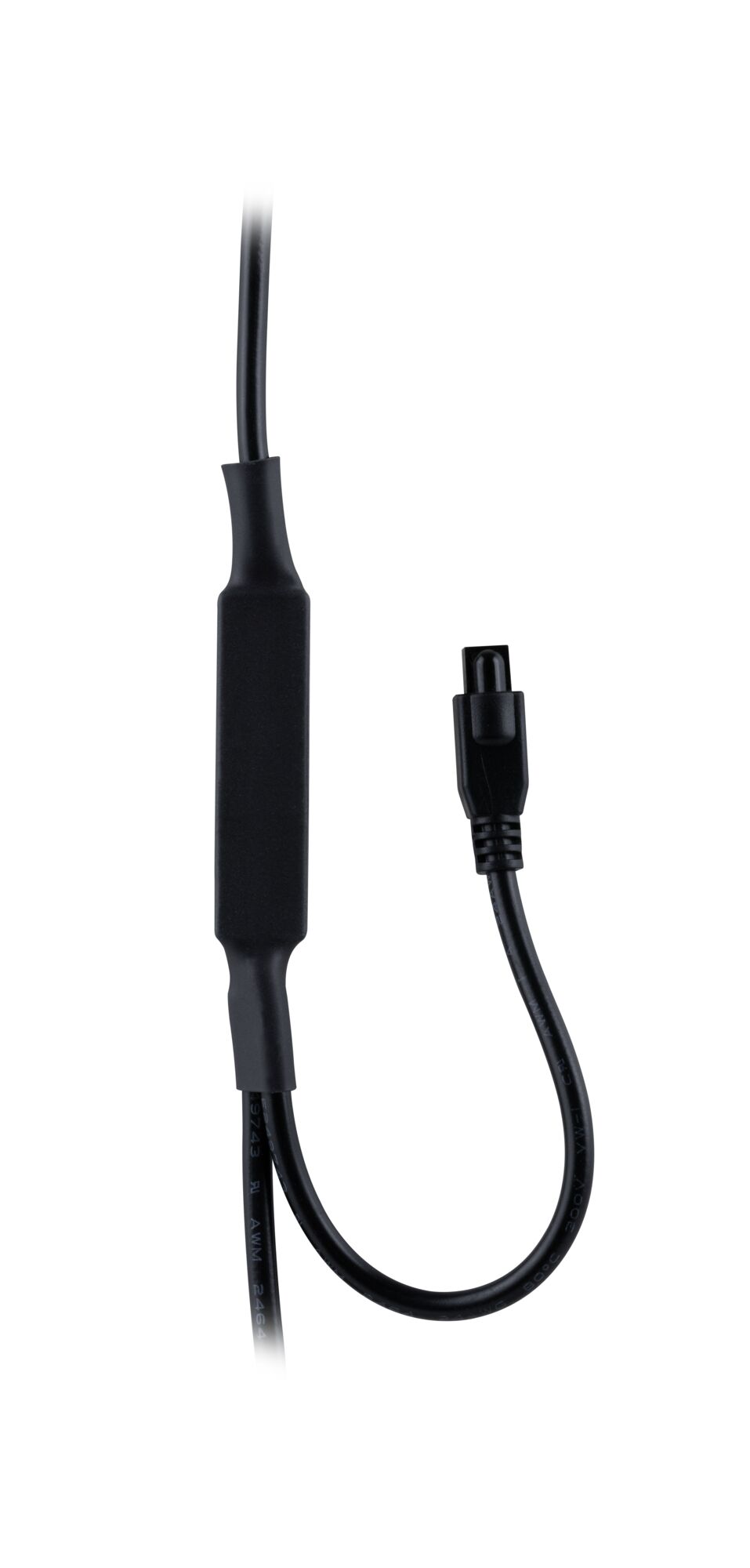 Black connection cable with plug and plastic casing for LED lighting systems and accessories
