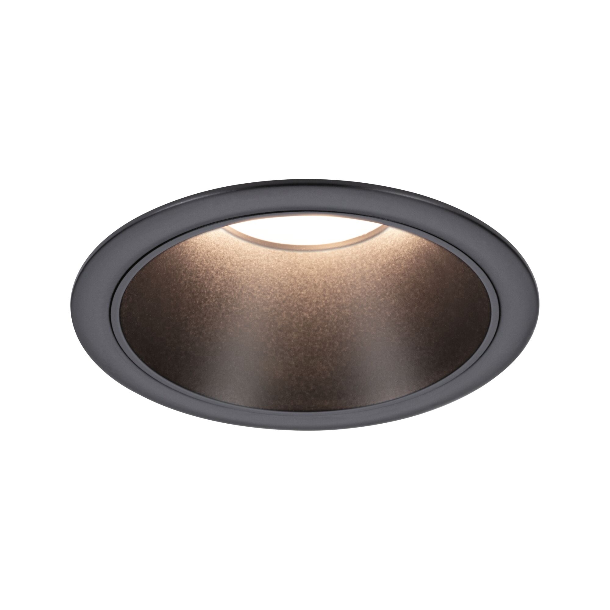 Round recessed LED spotlight in matte black with warm white light for modern room lighting