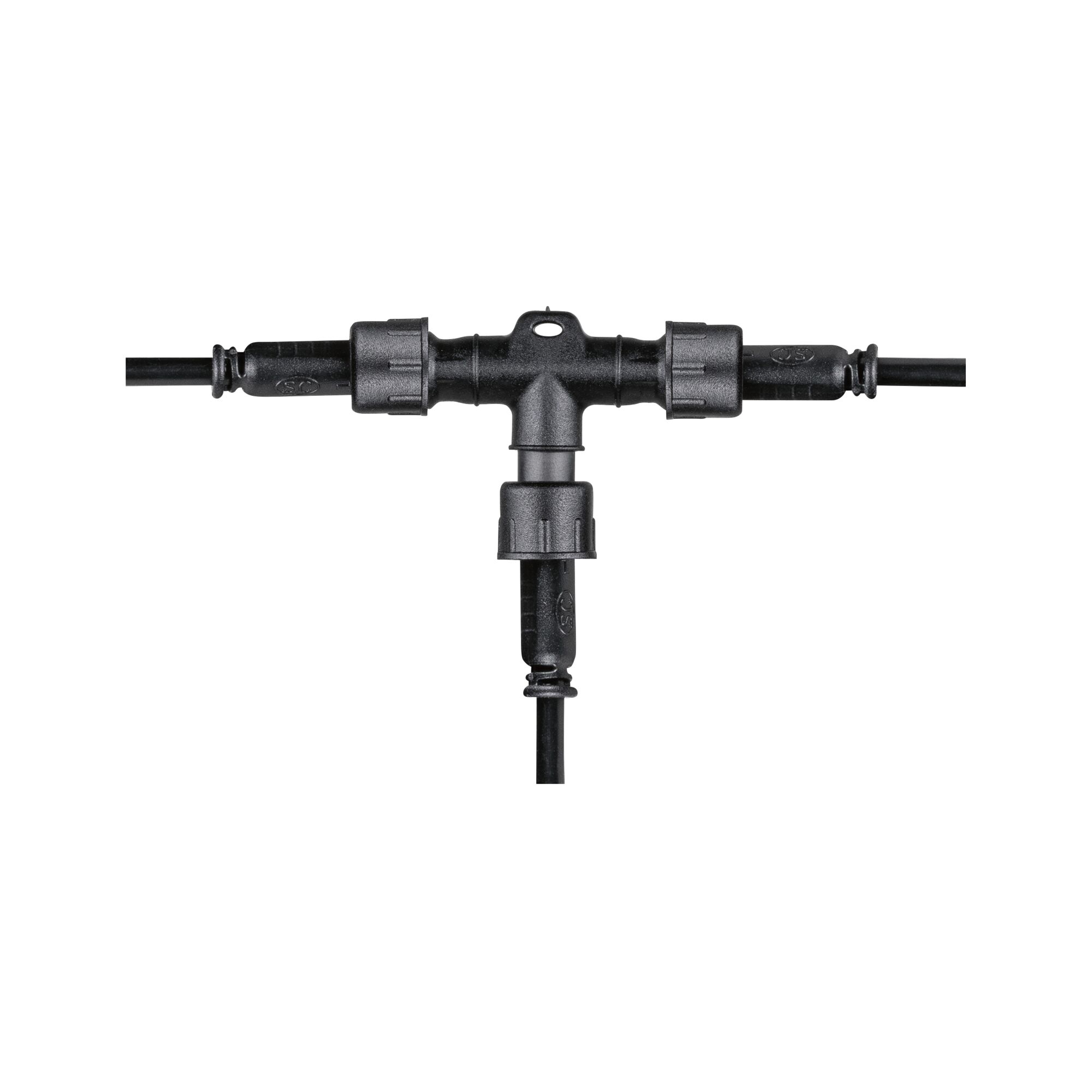 Black plastic T-connector with cable connections for outdoor electrical wiring and lighting setups
