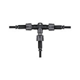 Black plastic T-connector with cable connections for outdoor electrical wiring and lighting setups