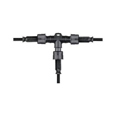Black plastic T-connector with cable connections for outdoor electrical wiring and lighting setups