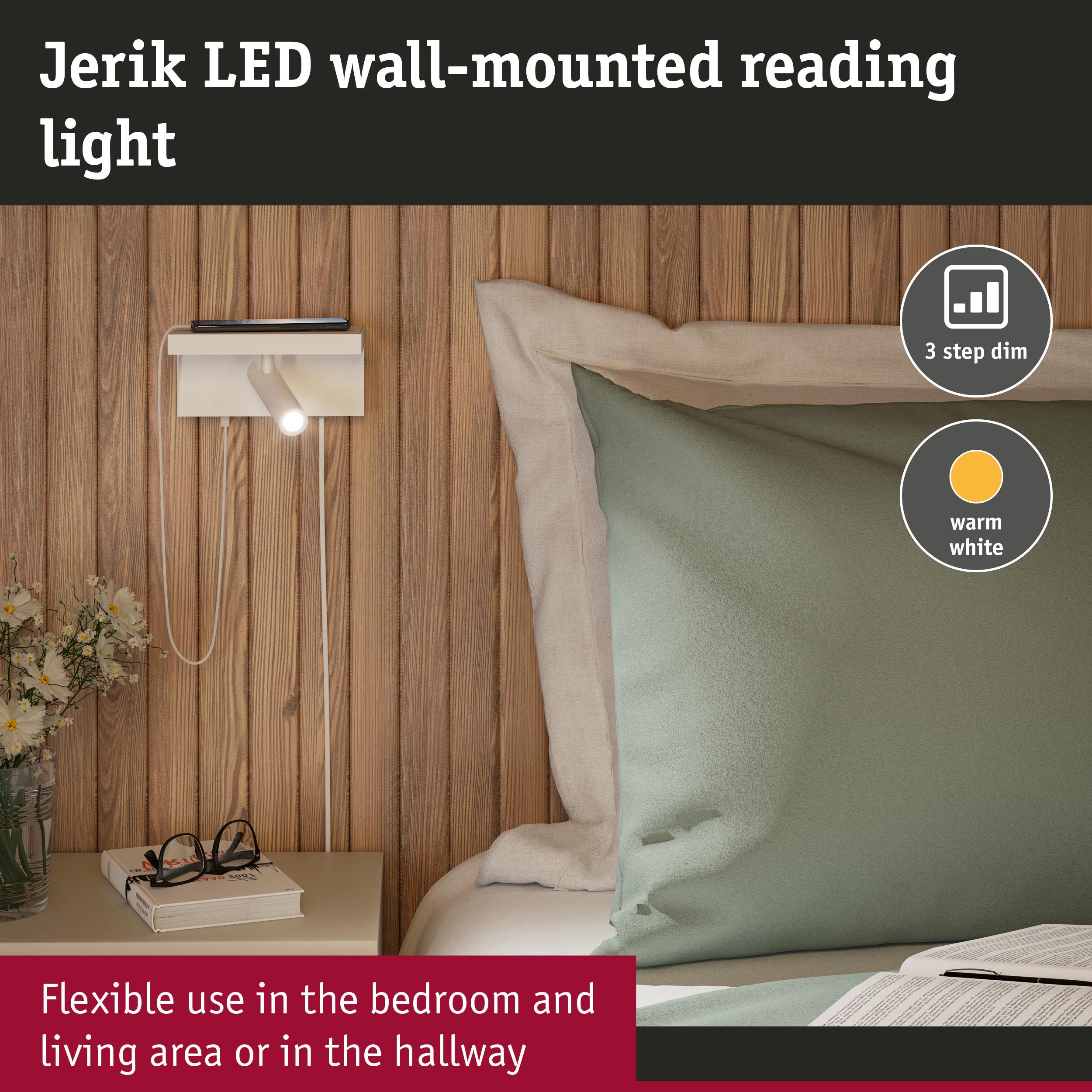 Jerik white LED wall light with warm white glow, perfect reading lamp for bedroom or hallway lighting