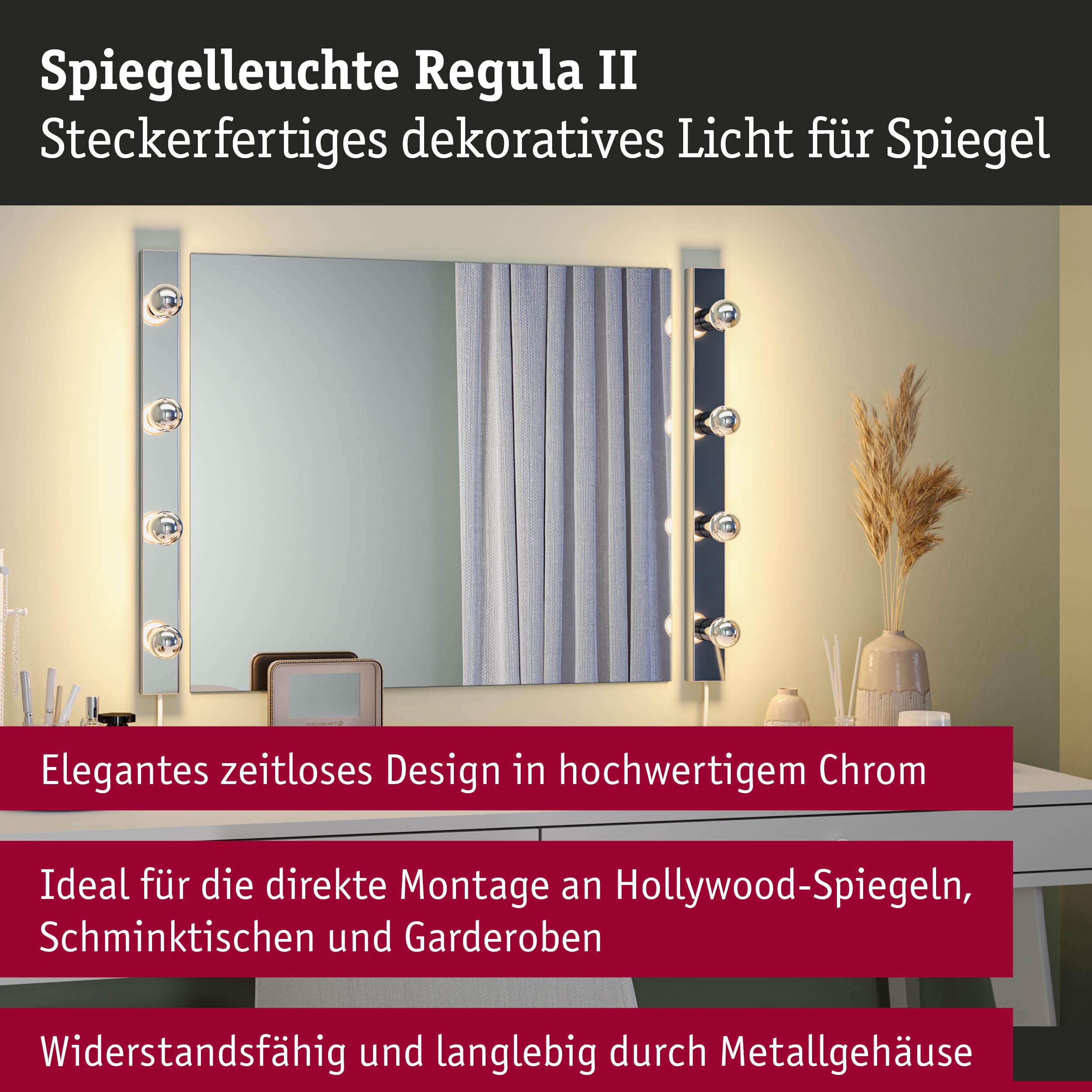 Spiegelleuchte Regula II mit Chrom-Metallgehäuse und dekorativen Glühbirnen für Hollywood-Spiegel.