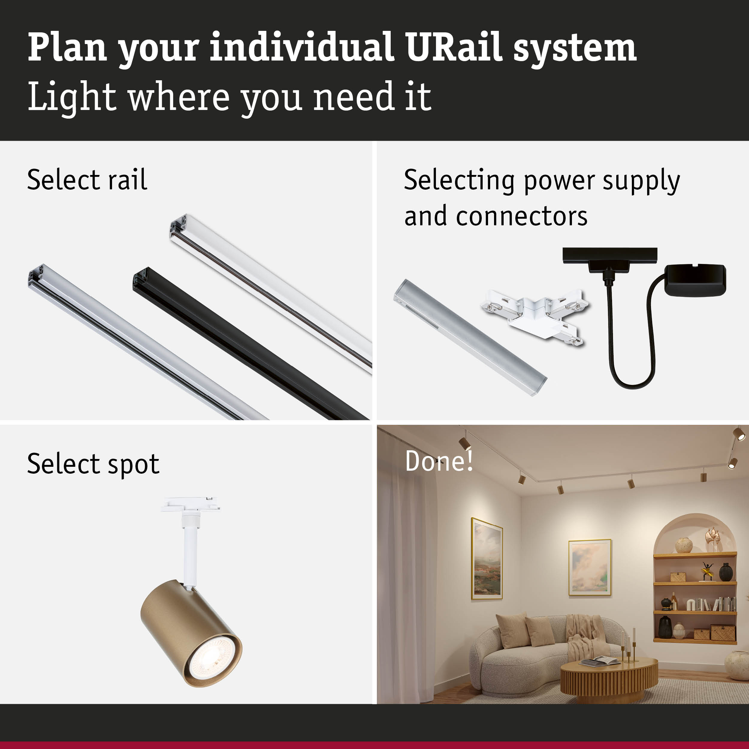 Modular URail aluminium rail system in black and white for flexible LED lighting setup