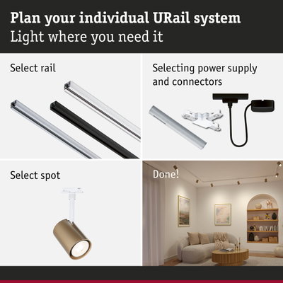 Modular URail aluminium rail system in black and white for flexible LED lighting setup