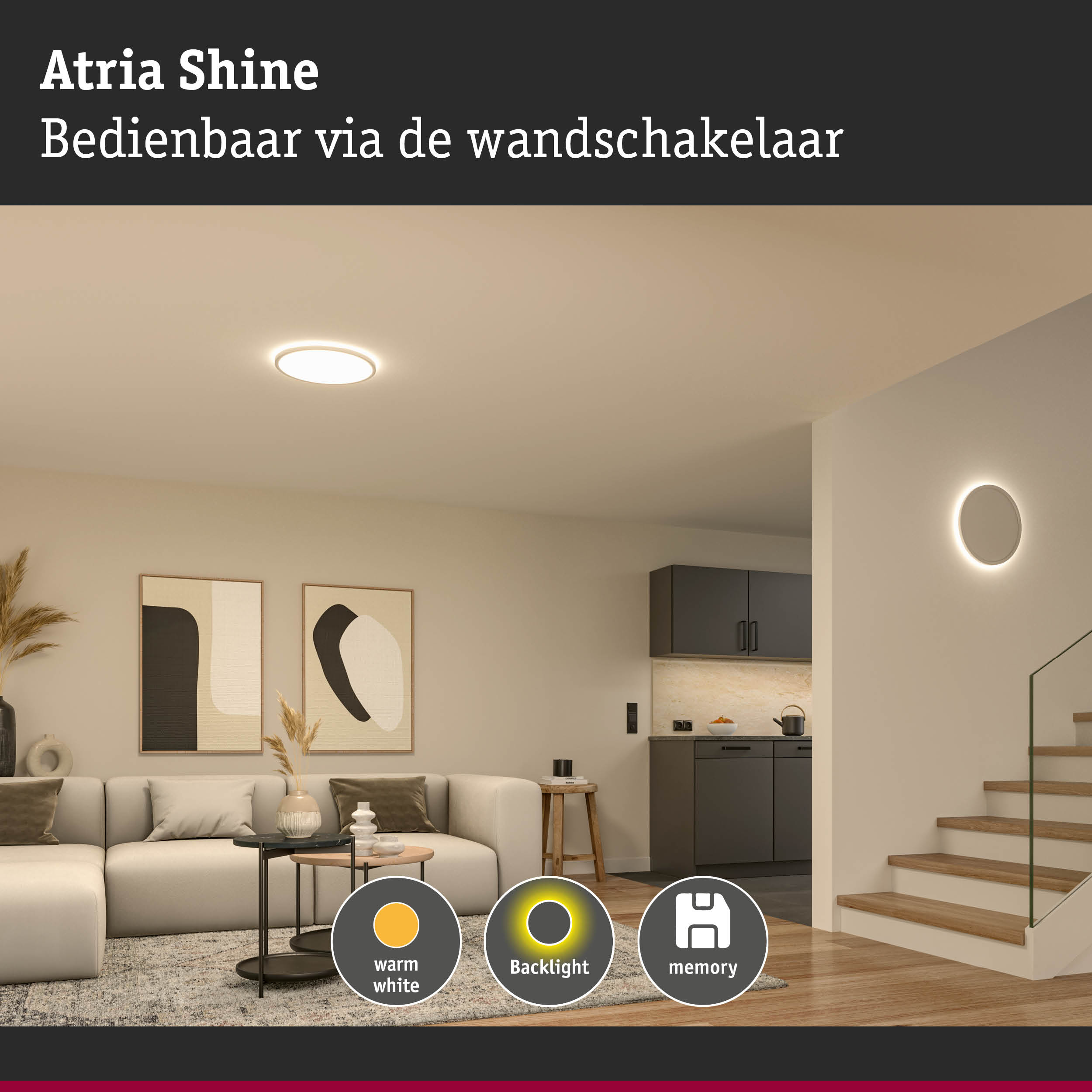Atria Shine witte LED-plafondlamp met warm wit licht en wandbediening in moderne woonkamer