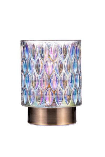 Kleurrijke glazen tafellamp met ovaal patroon en bronzen metalen voet voor sfeerverlichting