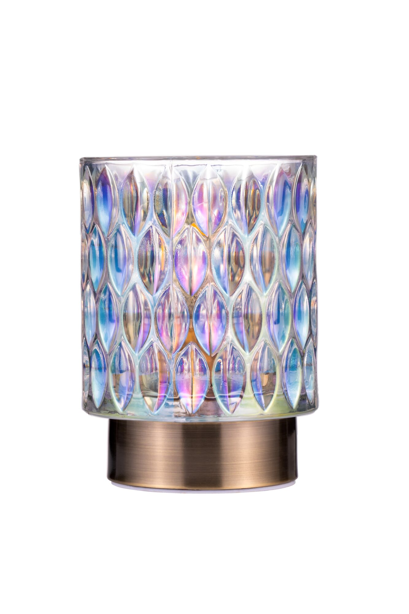 Pauleen Tischleuchte Clear Glamour E14 2700K 15lm 0,4W Dichroic/Messing gebürstet Bunte Glas-Tischleuchte mit ovalem Muster und bronzefarbenem Metallfuß für stimmungsvolle Beleuchtung