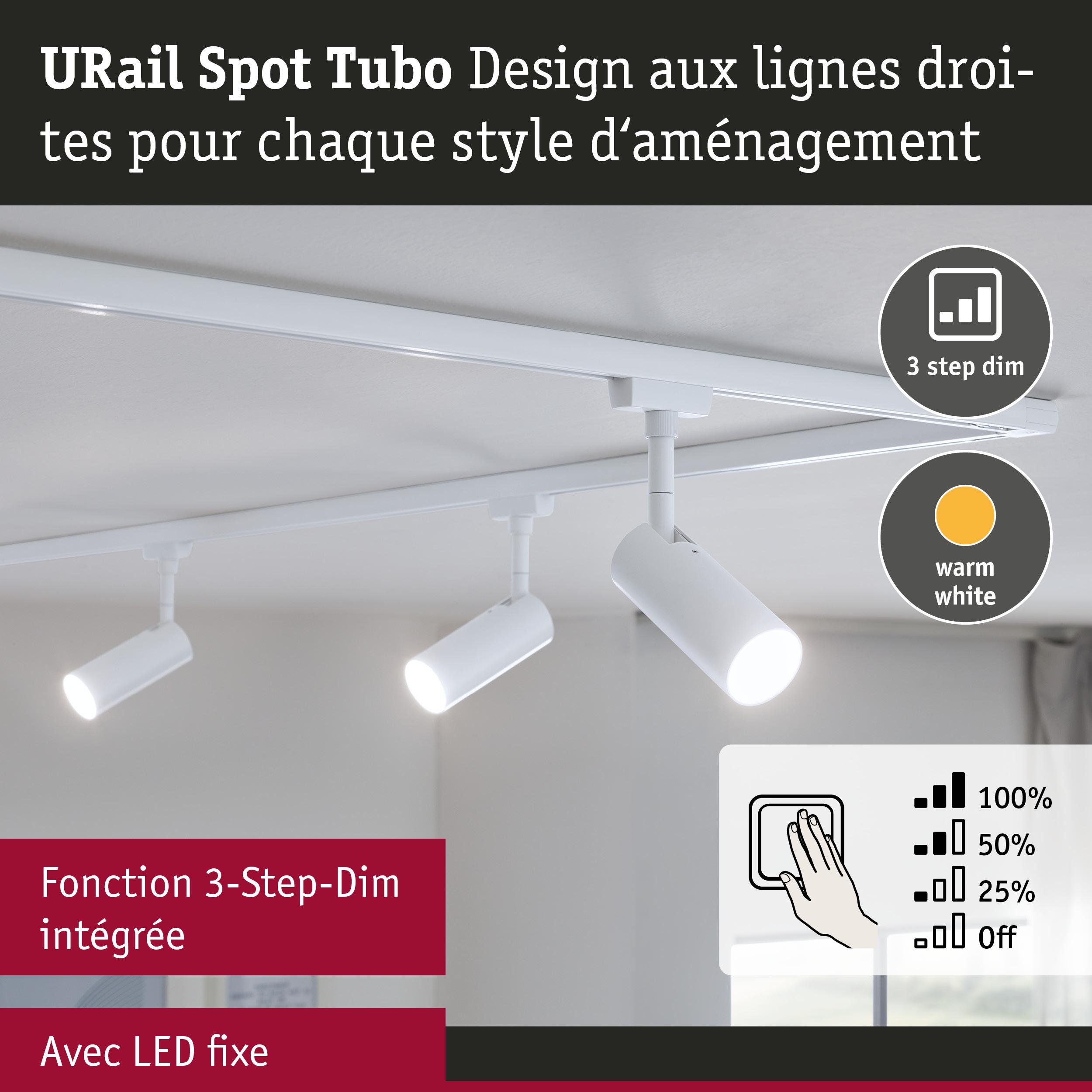 Spot LED URail Spot Tubo blanc avec fonction 3-Step-Dim intégrée et lumière blanc chaud au plafond