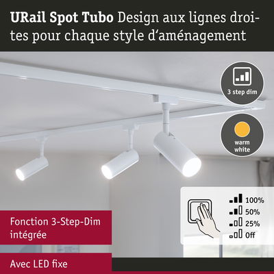 Spot LED URail Spot Tubo blanc avec fonction 3-Step-Dim intégrée et lumière blanc chaud au plafond