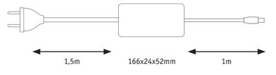 Technische Zeichnung eines schwarzen Netzteils mit 1,5m und 1m Kabel, Maße 166x24x52mm